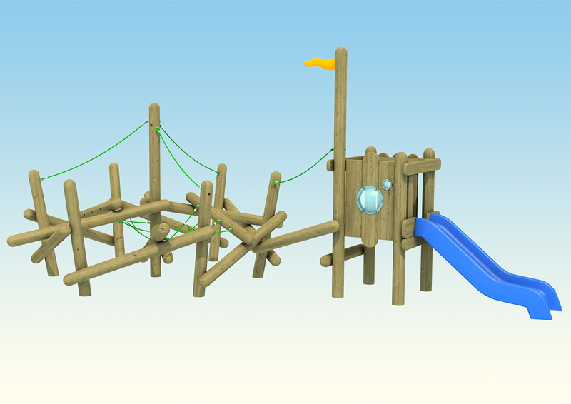 Wooden climbing frame with slide
