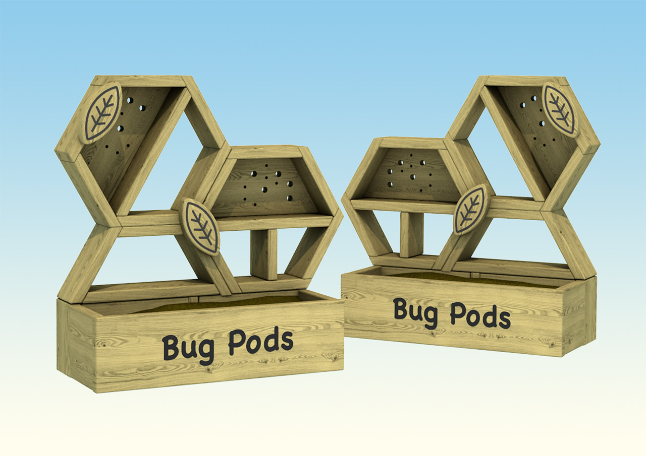 Play area bug pods made from wood